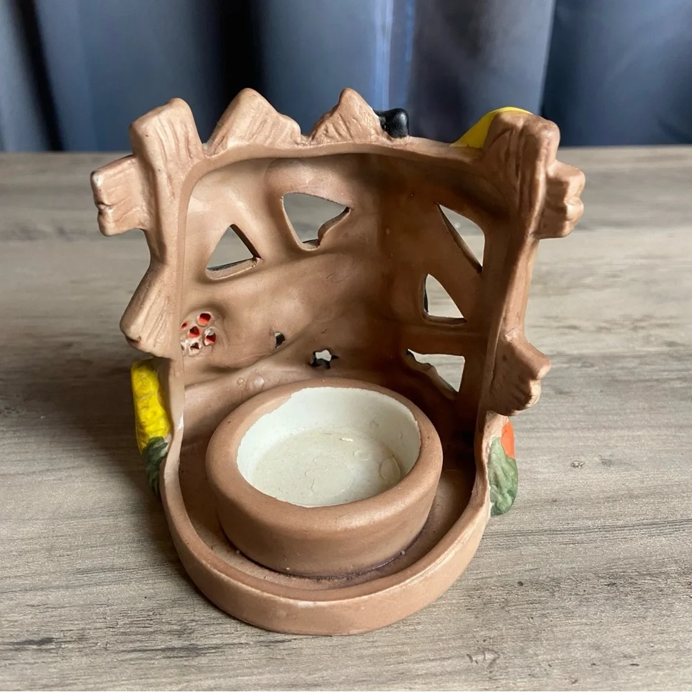 Halloween Fall‎ witch fence flying broom Tealight Holder 4 inch ceramic VTG